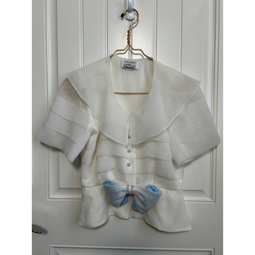 Ann Hobbs Cattiva Organza Tiered Bow Blouse White 80s Union Made USA Women XS - Picture 8 of 13